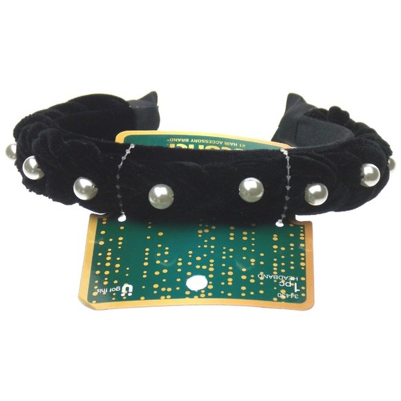 Scunci Lot 2 Black Hair Tie Bow & Head Band Pearls Wedding Stocking Stuffer Gift - Picture 2 of 3